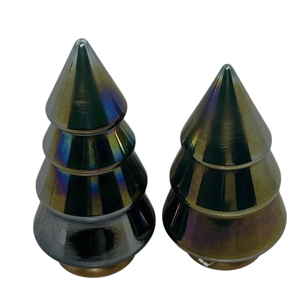 Set of 2 Iridescent Ceramic Christmas Trees Hunter Green Oil Slick Holiday Decor